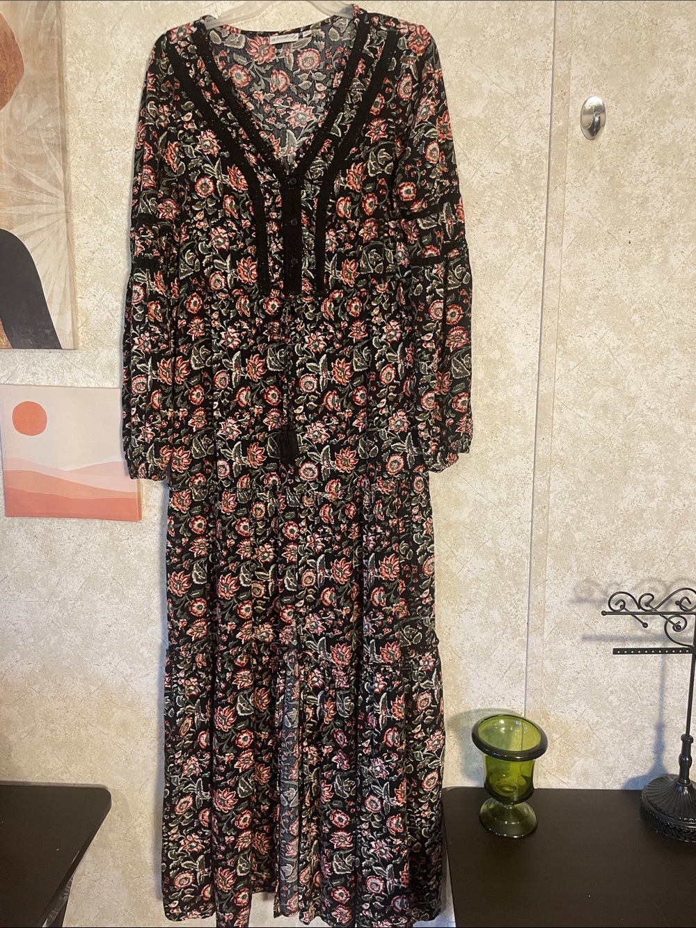 Wonderly Cottagecore Long Sleeve Black Maxi Dress Rust & Green Floral Print
